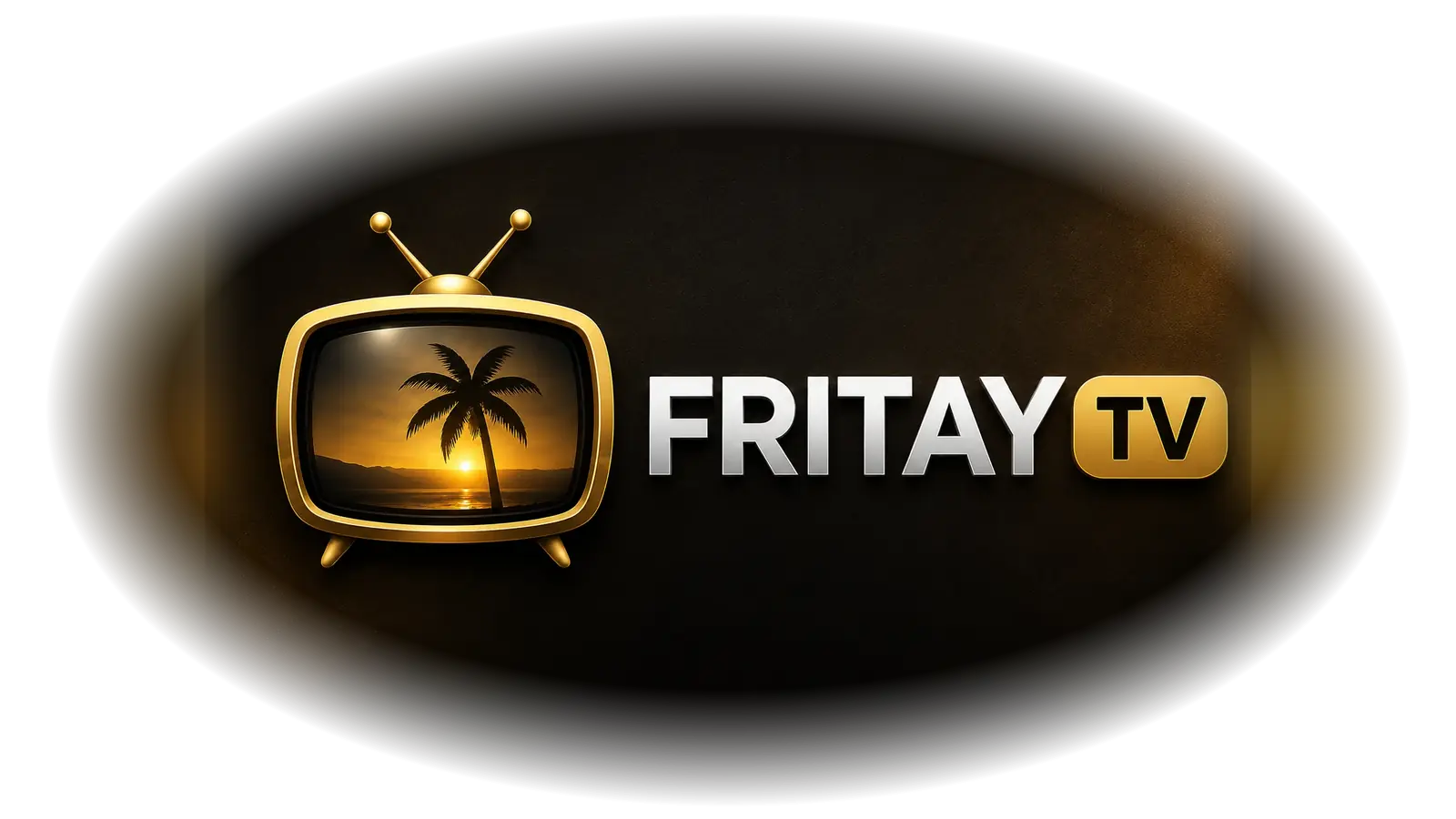 FRITAY TV logo — gold retro television with a Caribbean sunset and palm tree